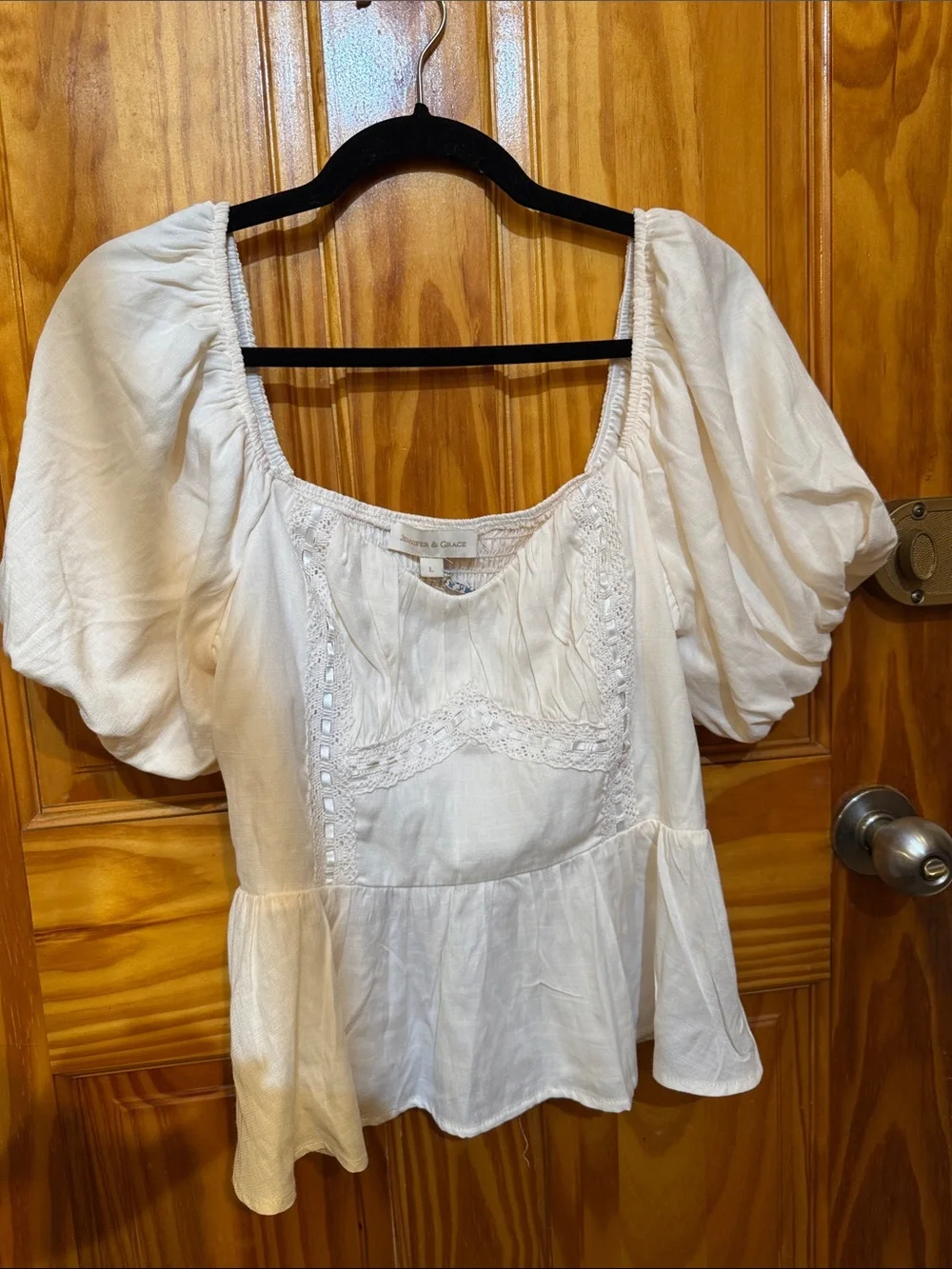 Faithfull the Brand Cream Lace-Trim Puff Sleeve Peplum Top
